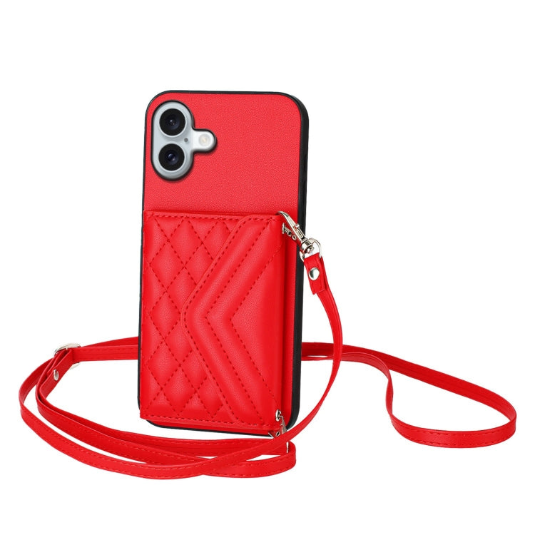 Rhombic Texture Card Bag RFID Phone Case with Long Lanyard, For iPhone 16 Pro Max, For iPhone 16 Pro, For iPhone 16 Plus, For iPhone 16, For iPhone 15 Pro Max