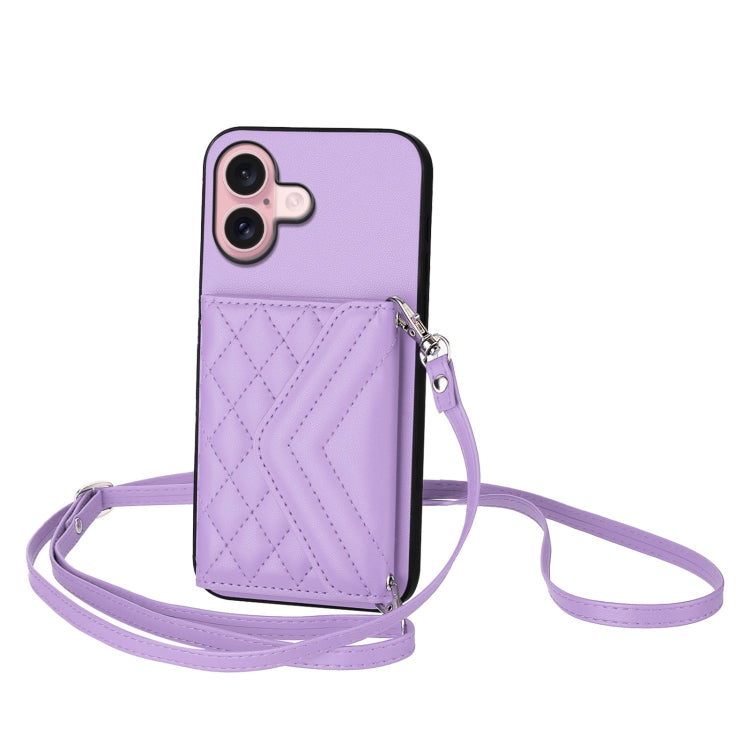 Rhombic Texture Card Bag RFID Phone Case with Long Lanyard, For iPhone 16 Pro Max, For iPhone 16 Pro, For iPhone 16 Plus, For iPhone 16, For iPhone 15 Pro Max