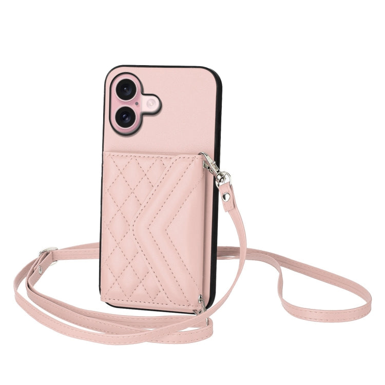 Rhombic Texture Card Bag RFID Phone Case with Long Lanyard, For iPhone 16 Pro Max, For iPhone 16 Pro, For iPhone 16 Plus, For iPhone 16, For iPhone 15 Pro Max