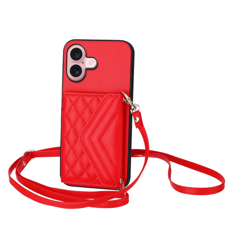 Rhombic Texture Card Bag RFID Phone Case with Long Lanyard, For iPhone 16 Pro Max, For iPhone 16 Pro, For iPhone 16 Plus, For iPhone 16, For iPhone 15 Pro Max