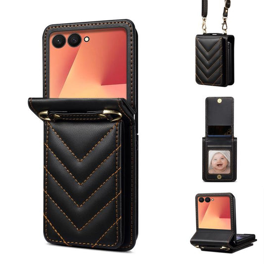 Rhombic Folding Leather Phone Case with Long Lanyard
