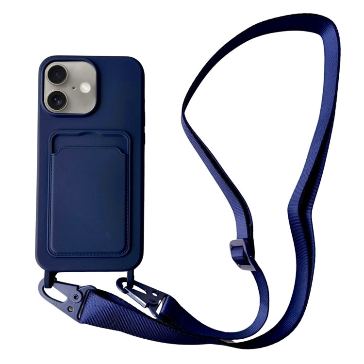 Card Slot Liquid Silicone Phone Case with Lanyard, For iPhone 16 Plus, For iPhone 16