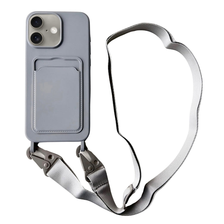 Card Slot Liquid Silicone Phone Case with Lanyard, For iPhone 16 Plus, For iPhone 16