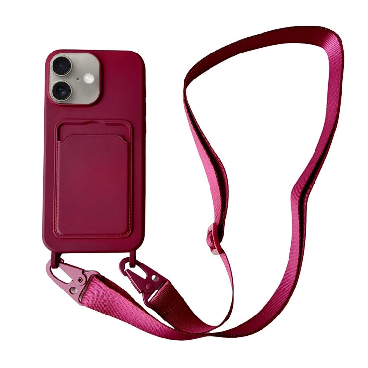 Card Slot Liquid Silicone Phone Case with Lanyard, For iPhone 16 Plus, For iPhone 16