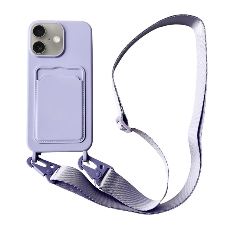 Card Slot Liquid Silicone Phone Case with Lanyard, For iPhone 16 Plus, For iPhone 16