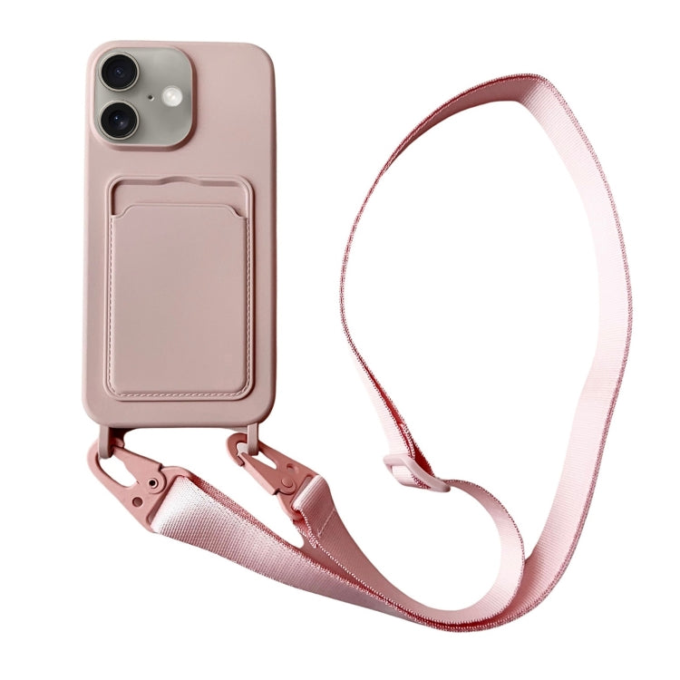 Card Slot Liquid Silicone Phone Case with Lanyard, For iPhone 16 Plus, For iPhone 16