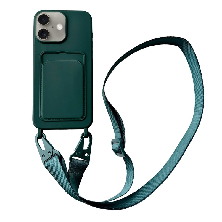 Card Slot Liquid Silicone Phone Case with Lanyard, For iPhone 16 Plus, For iPhone 16