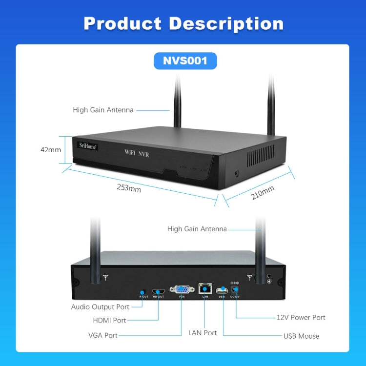 SriHome NVS001E-IPC047 Ultra HD 4 Channel WiFi Network Video Recorder Set, US Plug, UK Plug, EU Plug, AU Plug