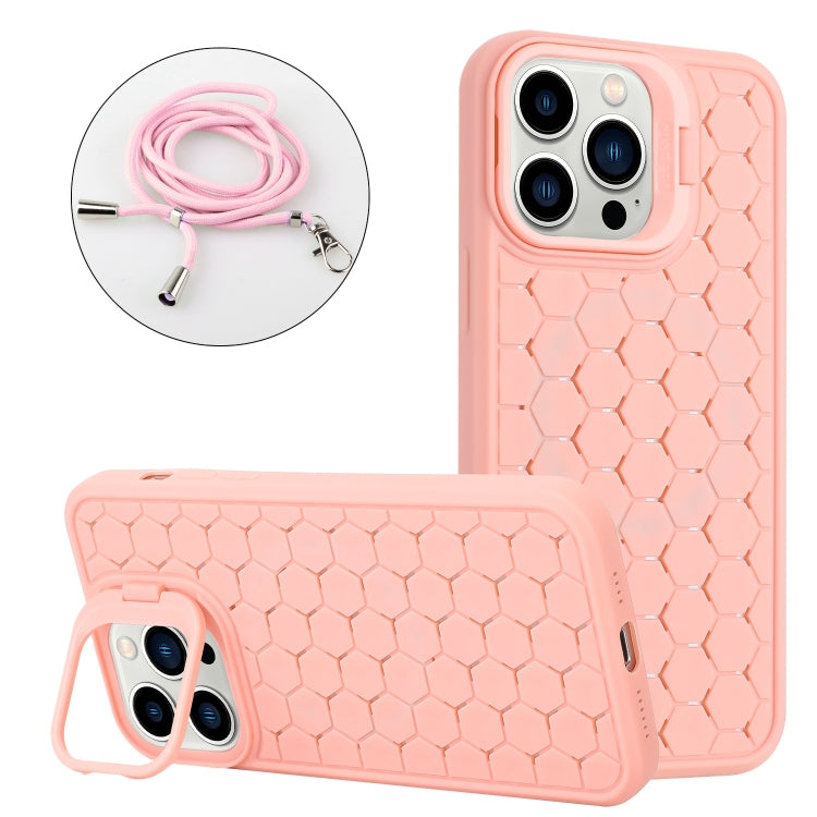 Honeycomb Radiating Holder TPU Phone Case with Lanyard, For iPhone 16 Pro Max, For iPhone 16 Pro, For iPhone 16 Plus, For iPhone 16, For iPhone 15 Pro Max