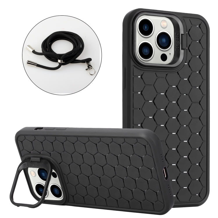 Honeycomb Radiating Holder TPU Phone Case with Lanyard, For iPhone 15 Pro Max, For iPhone 15 Pro, For iPhone 15 Plus, For iPhone 15