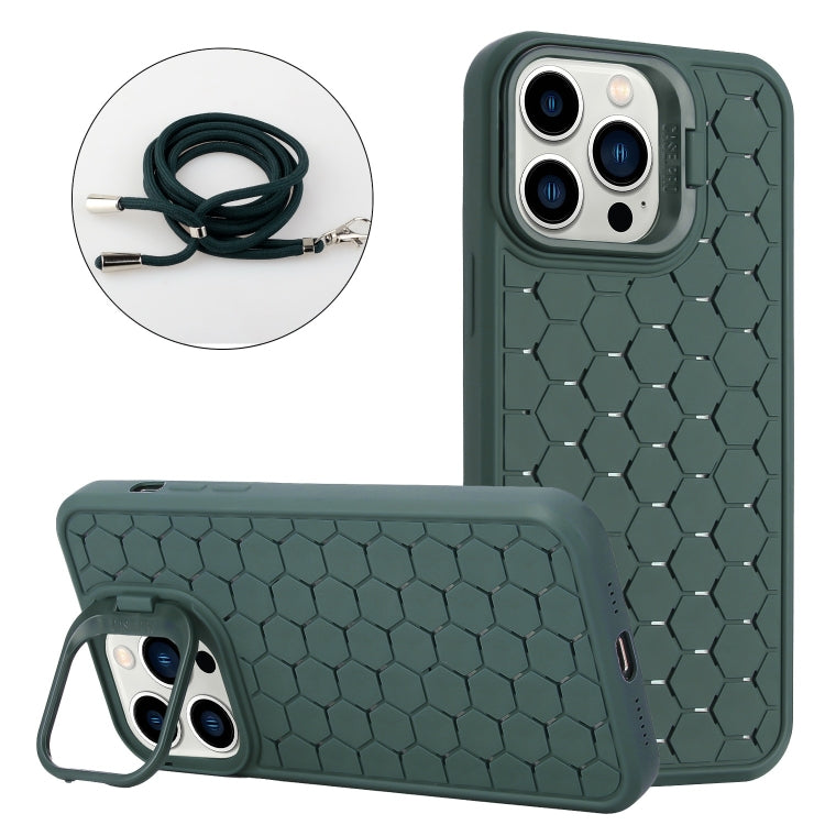 Honeycomb Radiating Holder TPU Phone Case with Lanyard, For iPhone 15 Pro, For iPhone 15 Plus, For iPhone 15, For iPhone 14 Plus, For iPhone 14