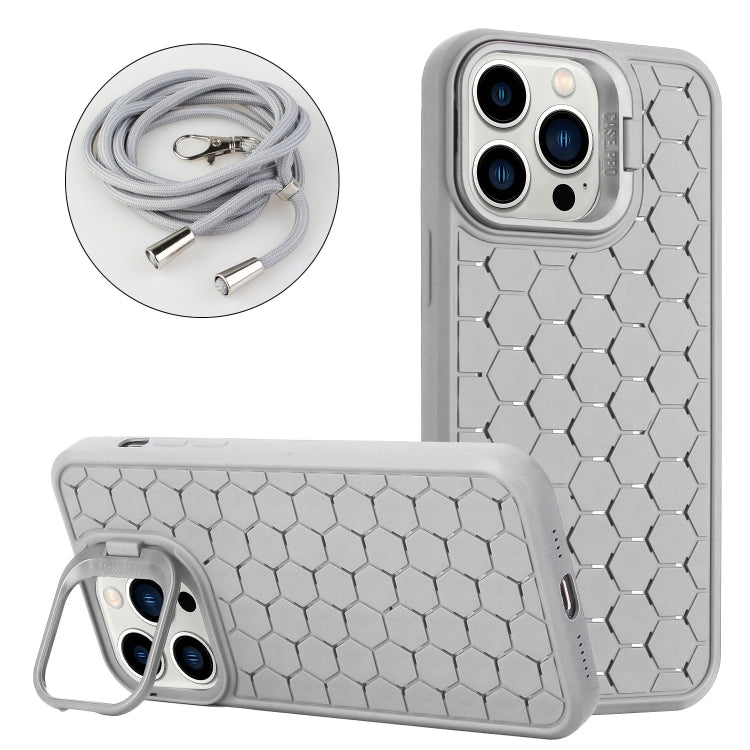 Honeycomb Radiating Holder TPU Phone Case with Lanyard, For iPhone 15 Pro, For iPhone 15 Plus, For iPhone 15, For iPhone 14 Plus, For iPhone 14