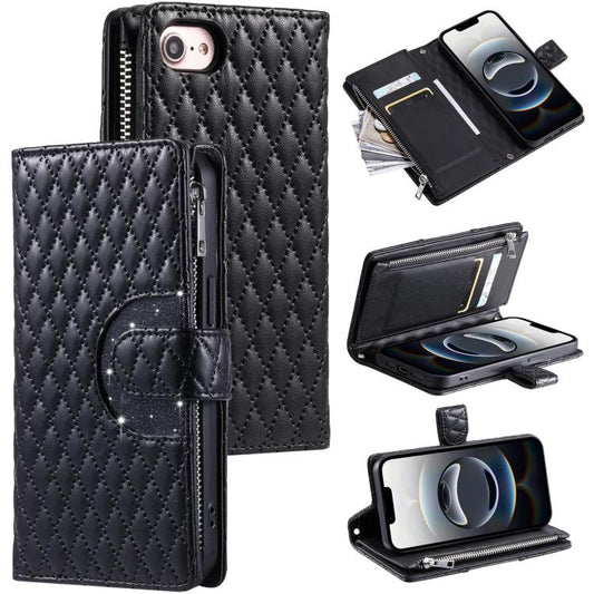 Glitter Lattice Zipper Wallet Leather Phone Case, For iPhone 16e, For iPhone 16 Pro Max, For iPhone 16 Pro, For iPhone 15 Pro Max, For iPhone 15 Pro, For iPhone 15 Plus