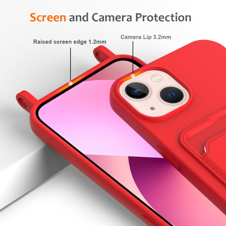 Integrated Card Bag Solid Color Liquid Silicone Phone Case with Lanyard, For iPhone 14 Plus, For iPhone 14, For iPhone 14 Pro, For iPhone 14 Pro Max, For iPhone 13 Pro Max, For iPhone 13 Pro, For iPhone 13, For iPhone 12