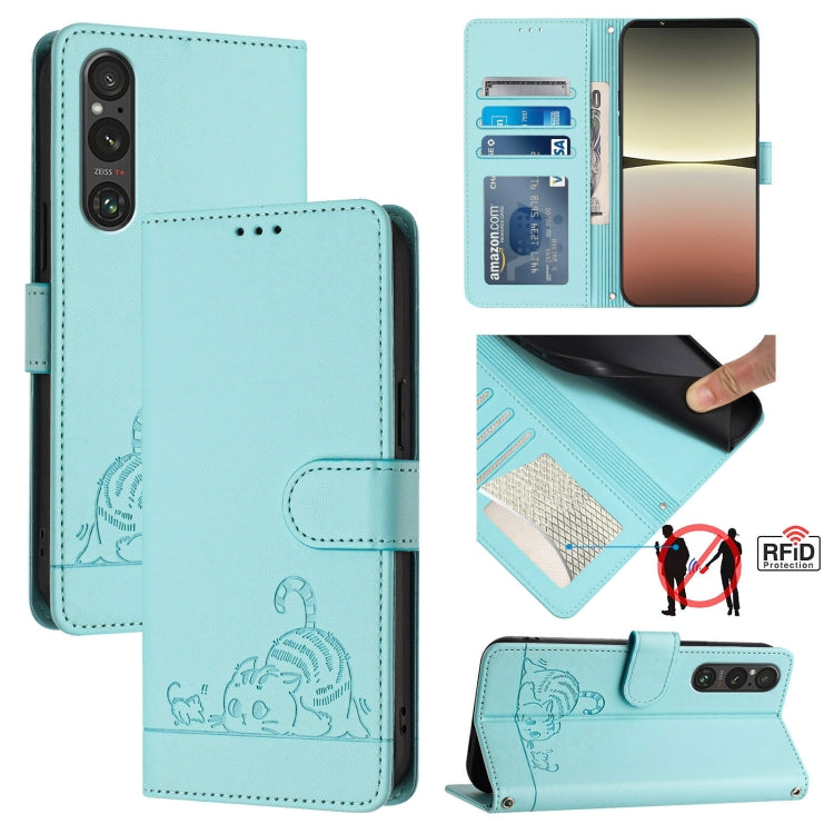 Cat Rat Embossed Pattern RFID Leather Phone Case with Lanyard, For Sony Xperia 5 VI, For Sony Xperia 5 V 2023, For Sony Xperia 1 V 2023, For Sony Xperia 10 V 2023, For Sony Xperia 5 IV