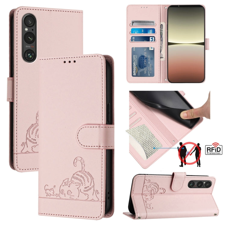 Cat Rat Embossed Pattern RFID Leather Phone Case with Lanyard, For Sony Xperia 5 VI, For Sony Xperia 5 V 2023, For Sony Xperia 1 V 2023, For Sony Xperia 10 V 2023, For Sony Xperia 5 IV