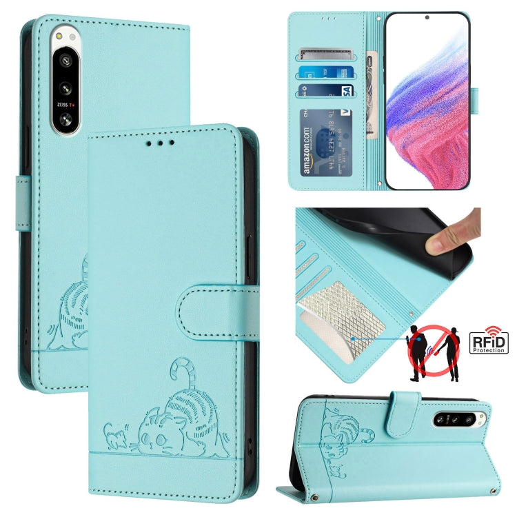 Cat Rat Embossed Pattern RFID Leather Phone Case with Lanyard, For Sony Xperia 5 VI, For Sony Xperia 5 V 2023, For Sony Xperia 1 V 2023, For Sony Xperia 10 V 2023, For Sony Xperia 5 IV