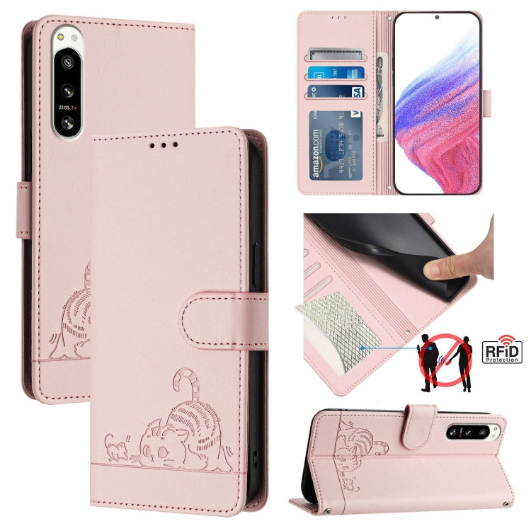 Cat Rat Embossed Pattern RFID Leather Phone Case with Lanyard, For Sony Xperia 5 VI, For Sony Xperia 5 V 2023, For Sony Xperia 1 V 2023, For Sony Xperia 10 V 2023, For Sony Xperia 5 IV