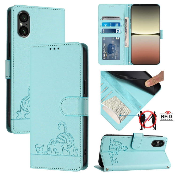 Cat Rat Embossed Pattern RFID Leather Phone Case with Lanyard, For Sony Xperia 5 VI, For Sony Xperia 5 V 2023, For Sony Xperia 1 V 2023, For Sony Xperia 10 V 2023, For Sony Xperia 5 IV