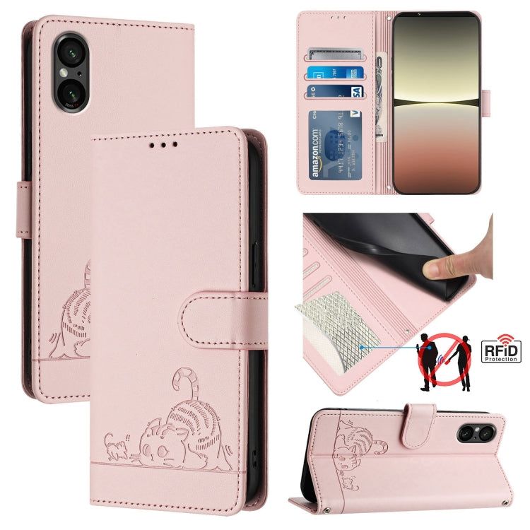 Cat Rat Embossed Pattern RFID Leather Phone Case with Lanyard, For Sony Xperia 5 VI, For Sony Xperia 5 V 2023, For Sony Xperia 1 V 2023, For Sony Xperia 10 V 2023, For Sony Xperia 5 IV