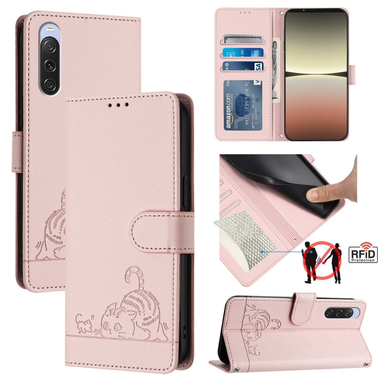 Cat Rat Embossed Pattern RFID Leather Phone Case with Lanyard, For Sony Xperia 5 VI, For Sony Xperia 5 V 2023, For Sony Xperia 1 V 2023, For Sony Xperia 10 V 2023, For Sony Xperia 5 IV