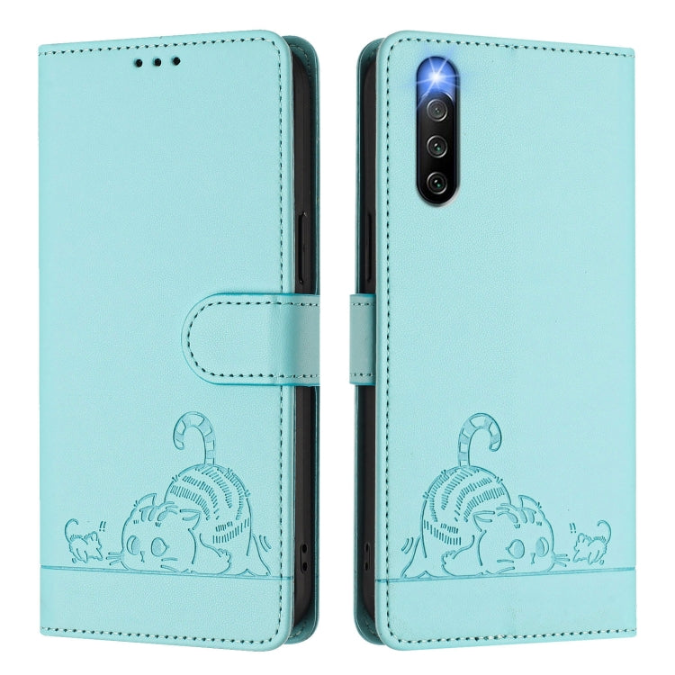 Cat Rat Embossed Pattern RFID Leather Phone Case with Lanyard, For Sony Xperia 10 IV