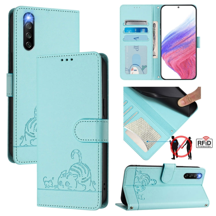 Cat Rat Embossed Pattern RFID Leather Phone Case with Lanyard, For Sony Xperia 10 IV