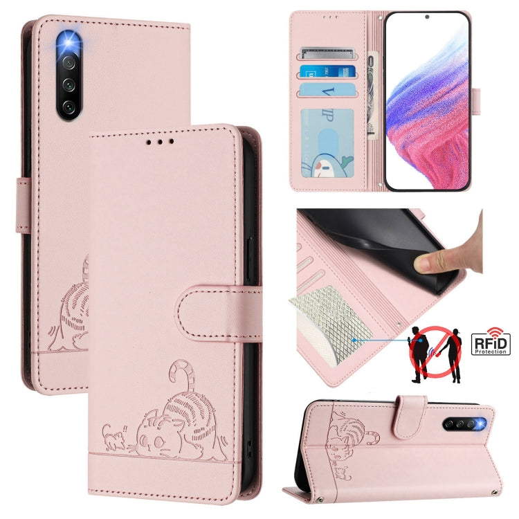 Cat Rat Embossed Pattern RFID Leather Phone Case with Lanyard, For Sony Xperia 10 IV