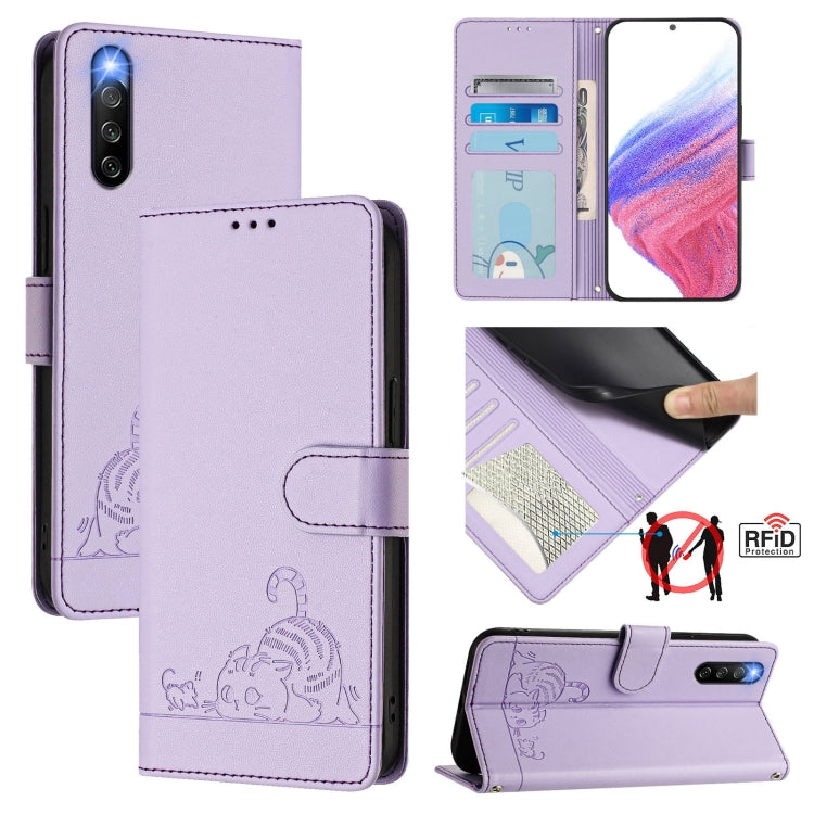 Cat Rat Embossed Pattern RFID Leather Phone Case with Lanyard, For Sony Xperia 10 IV