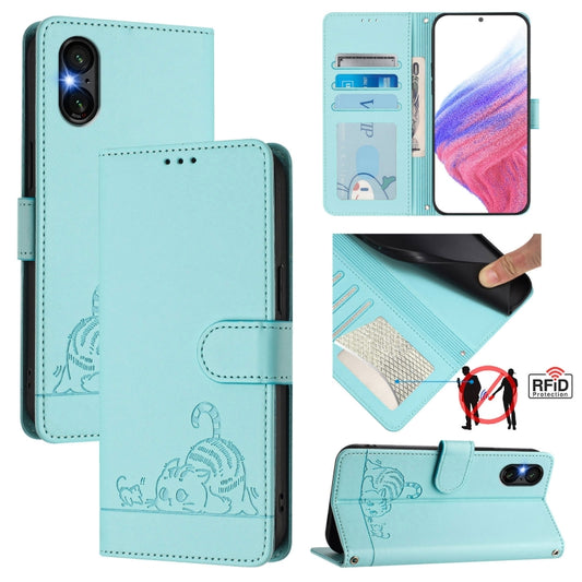 Cat Rat Embossed Pattern RFID Leather Phone Case with Lanyard, For Sony Xperia 5 VI, For Sony Xperia 5 V 2023, For Sony Xperia 1 V 2023, For Sony Xperia 10 V 2023, For Sony Xperia 5 IV