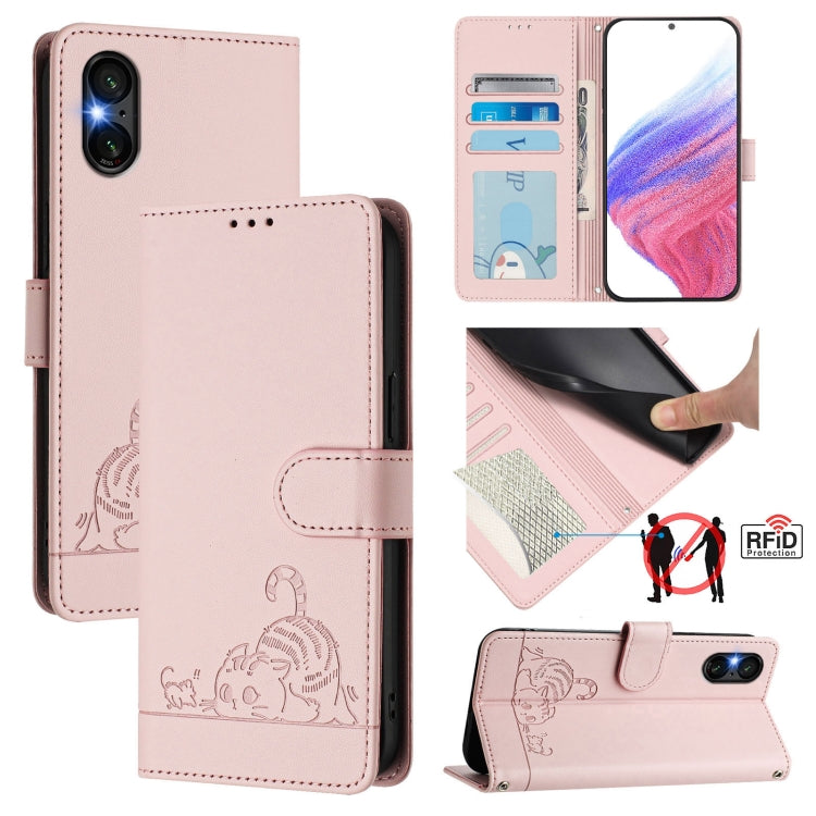 Cat Rat Embossed Pattern RFID Leather Phone Case with Lanyard, For Sony Xperia 5 VI, For Sony Xperia 5 V 2023, For Sony Xperia 1 V 2023, For Sony Xperia 10 V 2023, For Sony Xperia 5 IV