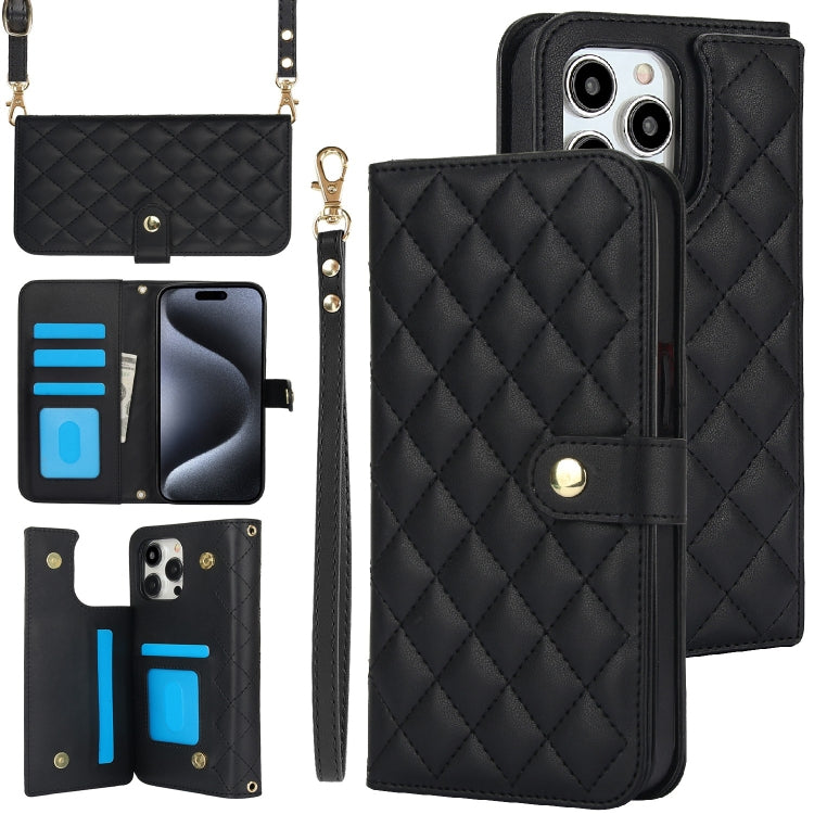 Crossbody Multifunction Rhombic Leather Phone Case, For iPhone 15 Pro Max, For iPhone 15 Pro, For iPhone 15 Plus, For iPhone 15