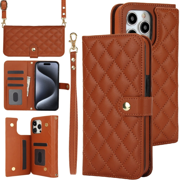 Crossbody Multifunction Rhombic Leather Phone Case, For iPhone 15 Pro Max, For iPhone 15 Pro, For iPhone 15 Plus, For iPhone 15