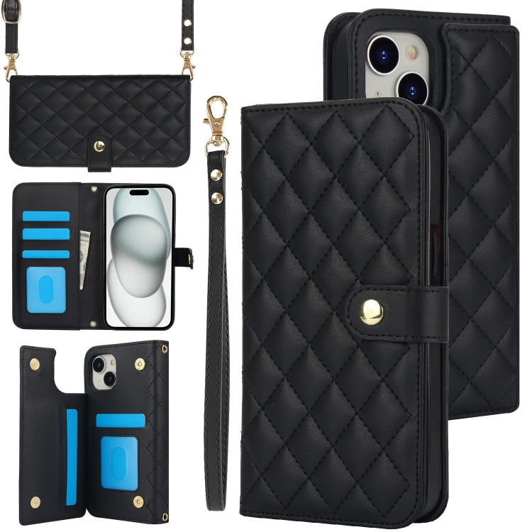 Crossbody Multifunction Rhombic Leather Phone Case, For iPhone 15 Plus, For iPhone 15, For iPhone 14 Plus