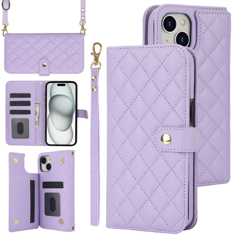 Crossbody Multifunction Rhombic Leather Phone Case, For iPhone 15 Plus, For iPhone 15, For iPhone 14 Plus