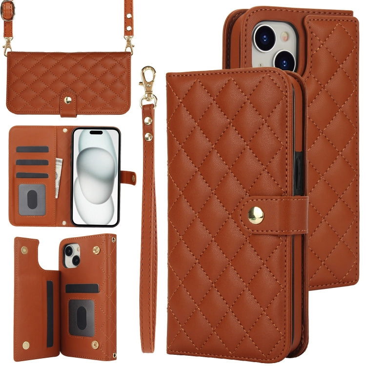 Crossbody Multifunction Rhombic Leather Phone Case, For iPhone 15 Pro Max, For iPhone 15 Pro, For iPhone 15 Plus, For iPhone 15