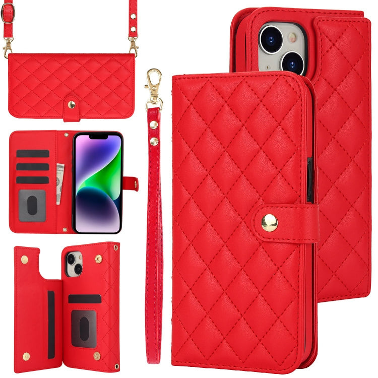 Crossbody Multifunction Rhombic Leather Phone Case, For iPhone 15 Plus, For iPhone 15, For iPhone 14 Plus