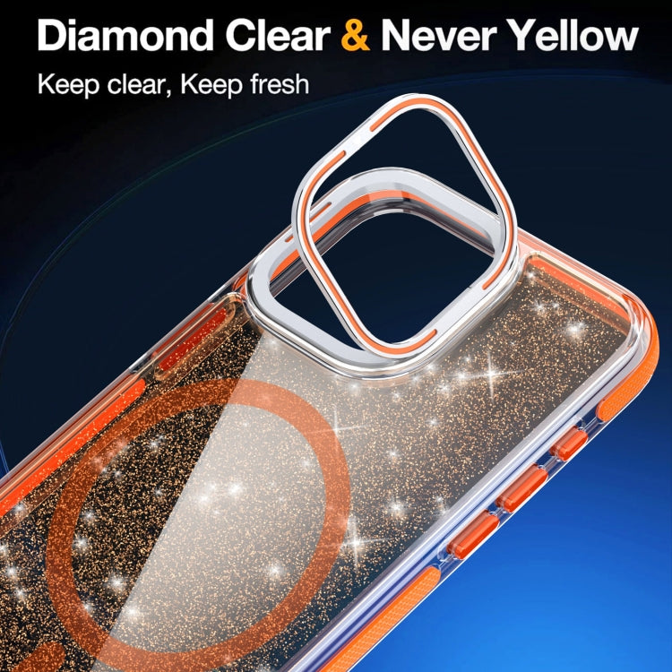 Two-color Glitter Powder Lens Holder Magsafe Phone Case, For iPhone 16 Pro Max, For iPhone 16 Pro, For iPhone 16 Plus, For iPhone 16, For iPhone 15 Pro Max, For iPhone 15 Pro, For iPhone 15 Plus, For iPhone 15