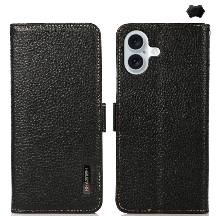 KHAZNEH Side-Magnetic Litchi Genuine Leather RFID Case, For iPhone 16 Pro Max, For iPhone 16 Pro, For iPhone 16 Plus, For iPhone 16, For iPhone SE 2024