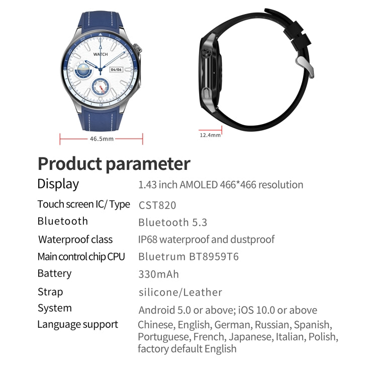 HD Watch X 1.43 inch IP68 BT5.3 Sport Smart Watch, Support Bluetooth Call / Sleep / Blood Oxygen / Heart Rate / Blood Pressure Health Monitor, Black Steel + Black Silicone Strap, Black Leather + Black Silicone Strap, Silver Steel + Blue Silicone Strap�...