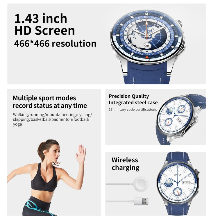 HD Watch X 1.43 inch IP68 BT5.3 Sport Smart Watch, Support Bluetooth Call / Sleep / Blood Oxygen / Heart Rate / Blood Pressure Health Monitor, Black Steel + Black Silicone Strap, Black Leather + Black Silicone Strap, Silver Steel + Blue Silicone Strap�...