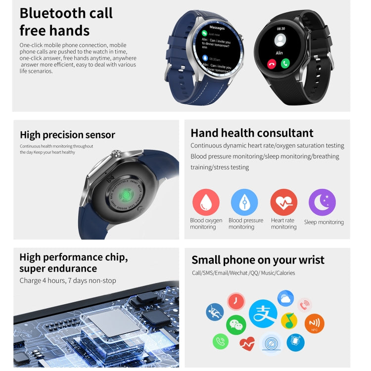 HD Watch X 1.43 inch IP68 BT5.3 Sport Smart Watch, Support Bluetooth Call / Sleep / Blood Oxygen / Heart Rate / Blood Pressure Health Monitor, Black Steel + Black Silicone Strap, Black Leather + Black Silicone Strap, Silver Steel + Blue Silicone Strap�...