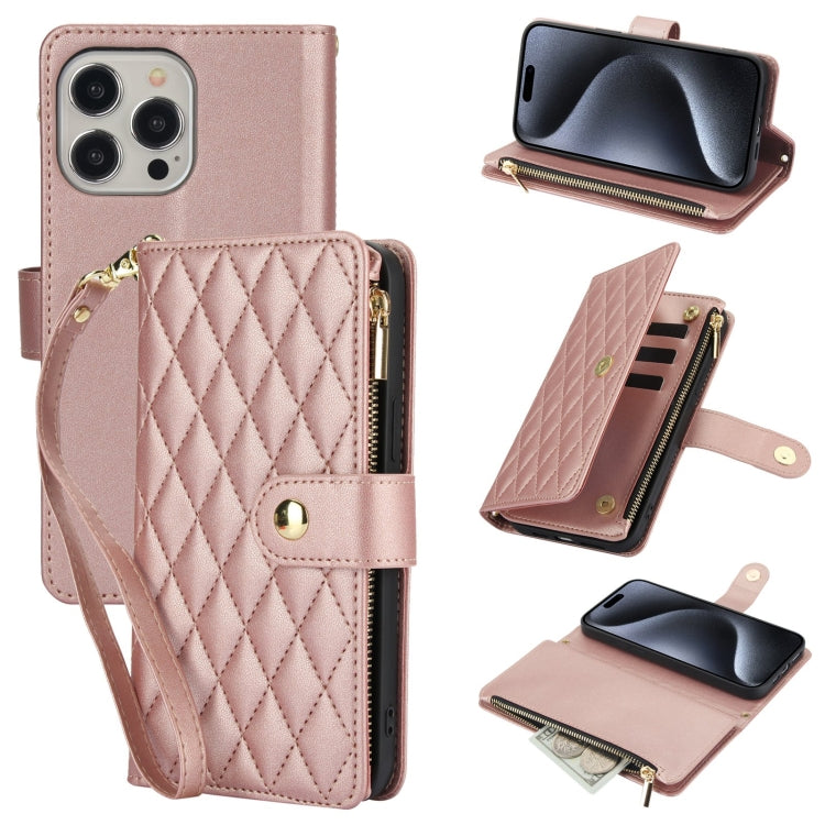 YM016 Rhombic Zipper Card Wallet Leather Phone Case with Lanyard