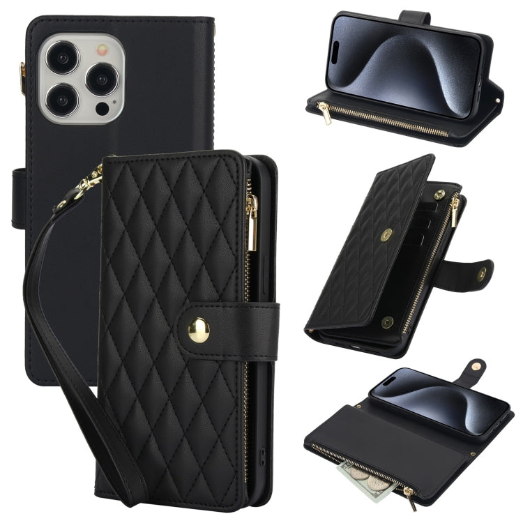 YM016 Rhombic Zipper Card Wallet Leather Phone Case with Lanyard