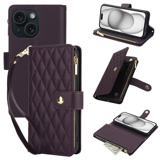 YM016 Rhombic Zipper Card Wallet Leather Phone Case with Lanyard, For iPhone 15 Plus, For iPhone 15, For iPhone 14 Plus