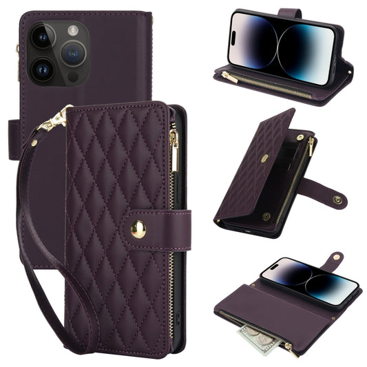 YM016 Rhombic Zipper Card Wallet Leather Phone Case with Lanyard