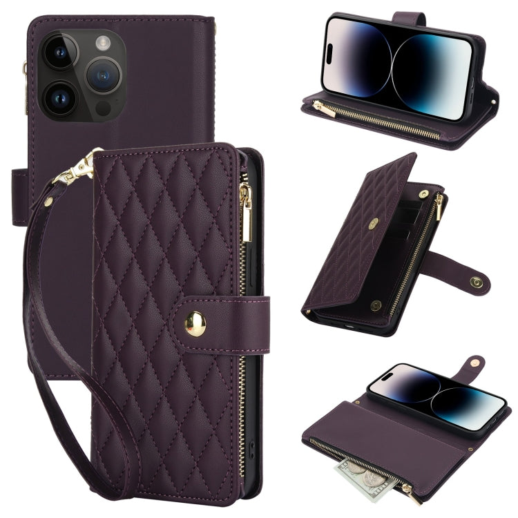 YM016 Rhombic Zipper Card Wallet Leather Phone Case with Lanyard