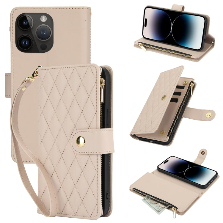 YM016 Rhombic Zipper Card Wallet Leather Phone Case with Lanyard