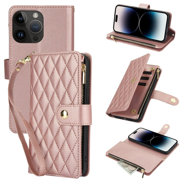 YM016 Rhombic Zipper Card Wallet Leather Phone Case with Lanyard