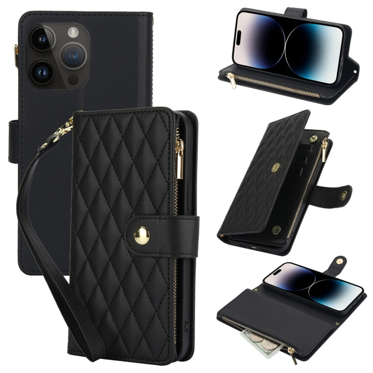 YM016 Rhombic Zipper Card Wallet Leather Phone Case with Lanyard
